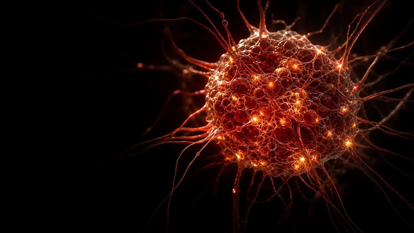 A glowing sphere of fine neural filaments lit amber and red, threads reaching into the dark.