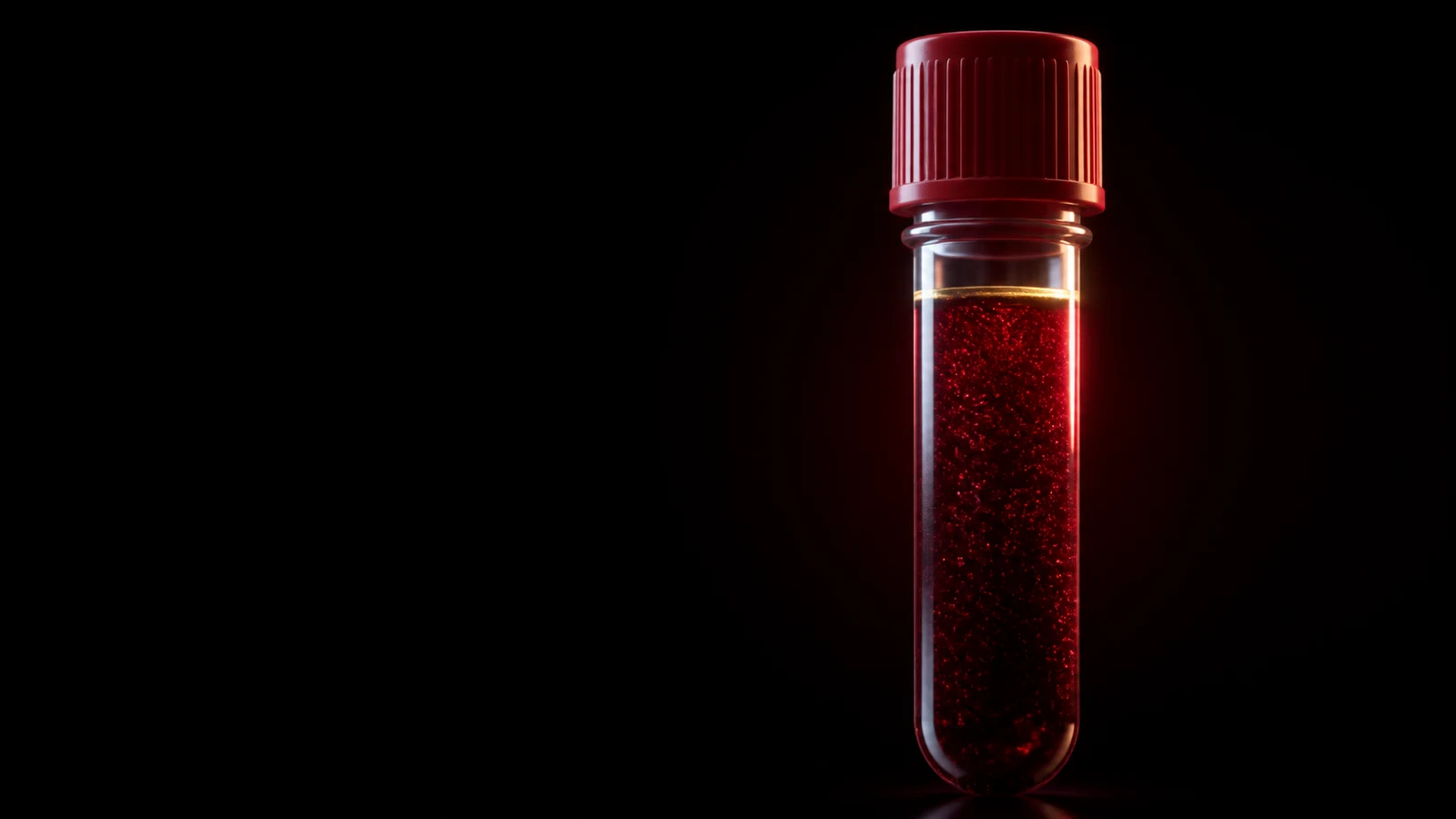 A single glass blood vial of deep crimson serum catching a warm rim light, faint particles suspended within, on black.