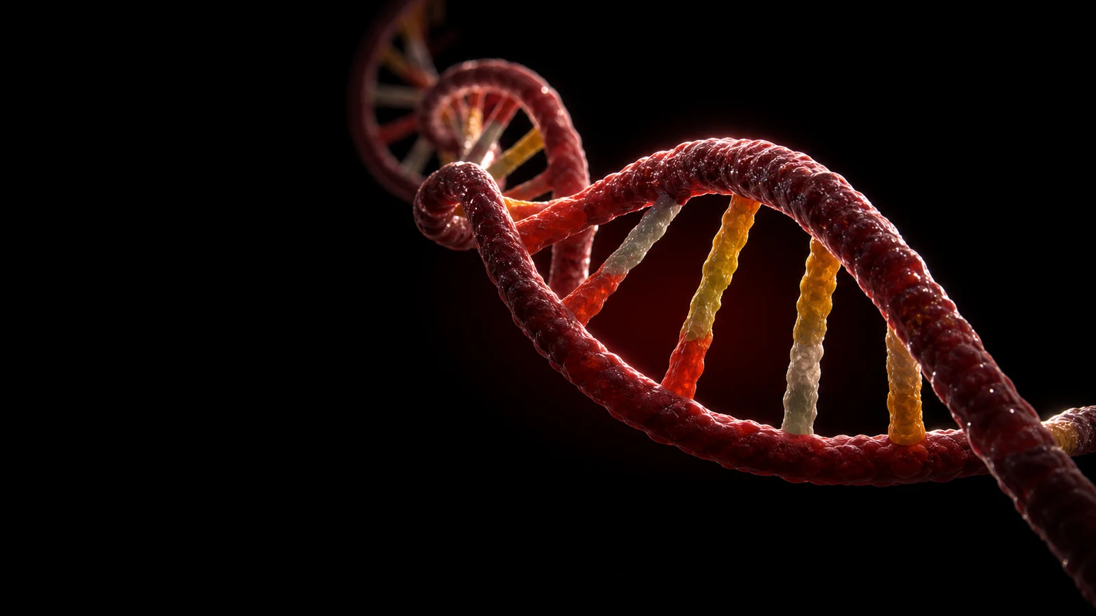 A flowing DNA double helix receding into the dark, its base pairs picked out in colour.