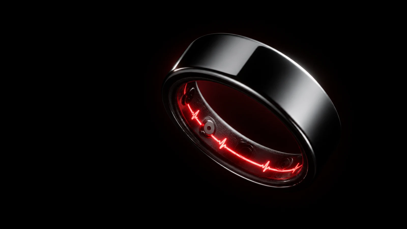 A machined titanium smart ring floating on black, a thin line of red light glowing around its inner band like a live pulse.