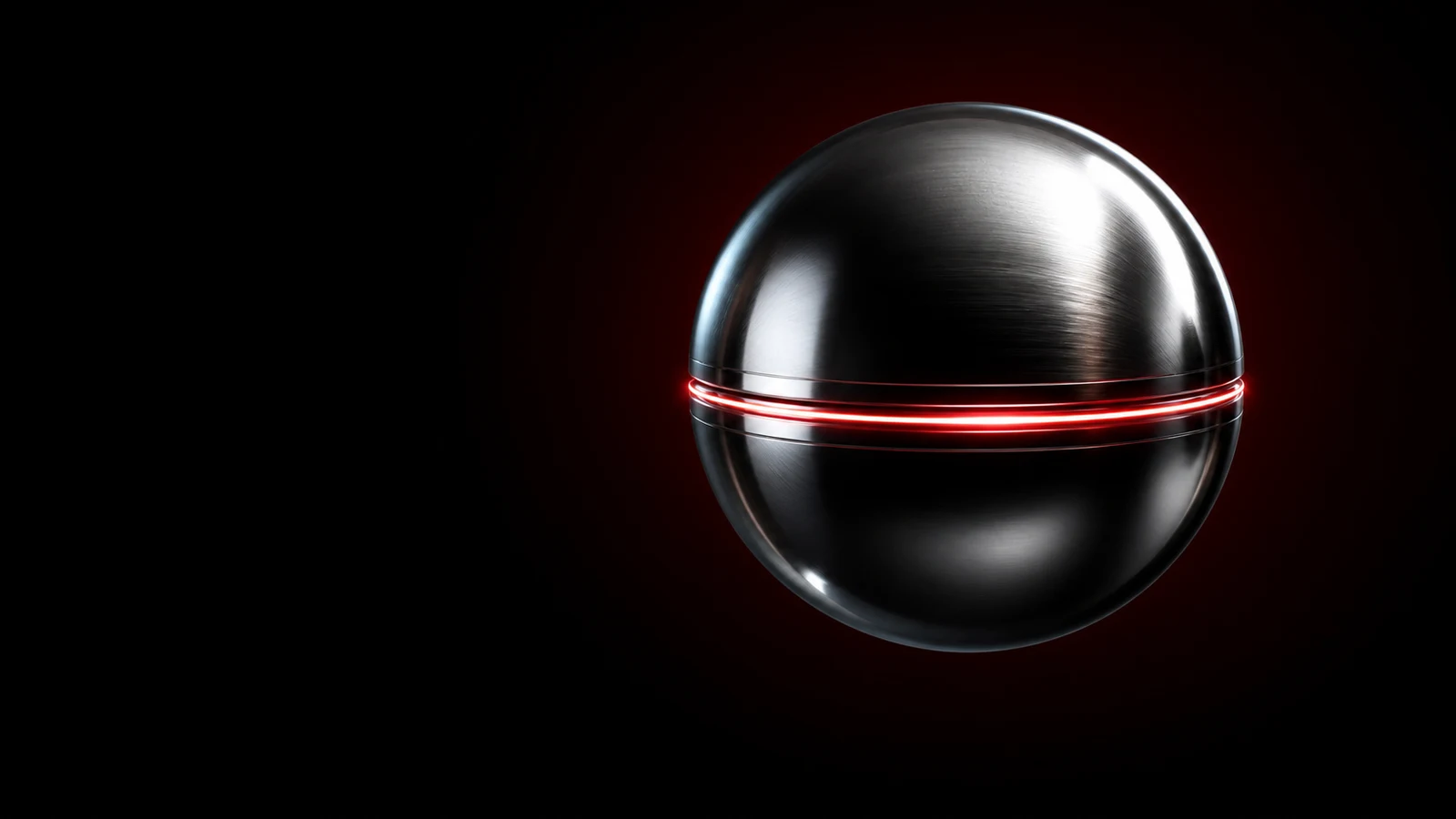 A polished chrome sphere with a single red equatorial line, floating in black — the Depth Score as one machined object.