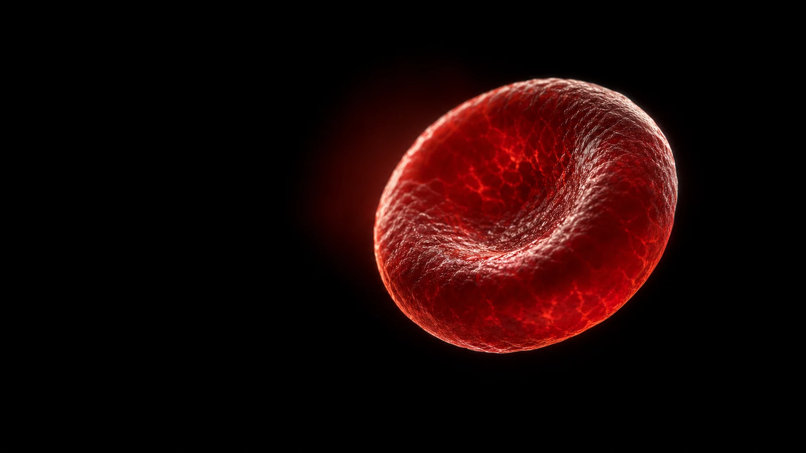 A single red blood cell, translucent and back-lit, floating alone on black.