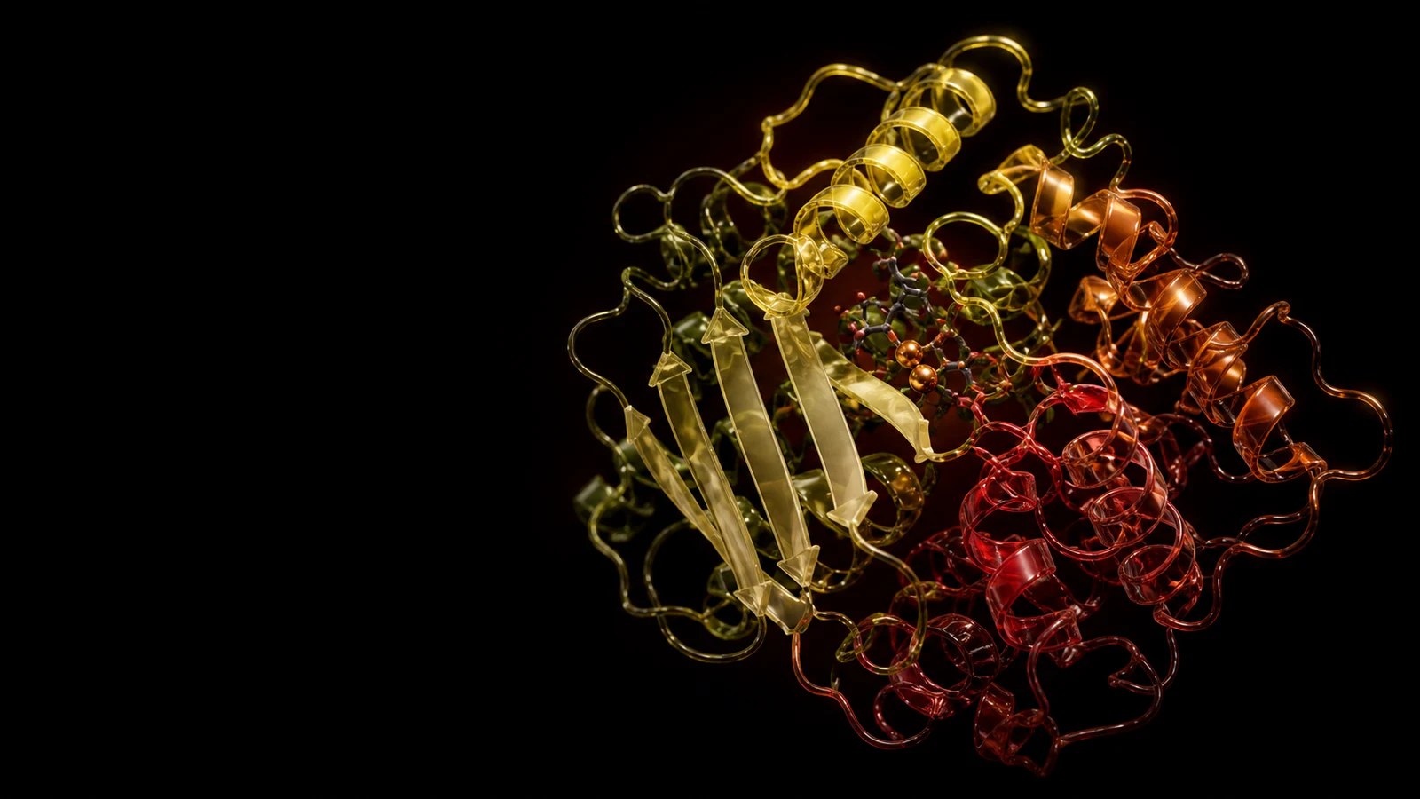 A luminous render of a protein molecule, its ribbons and helices picked out in distinct colours against black.