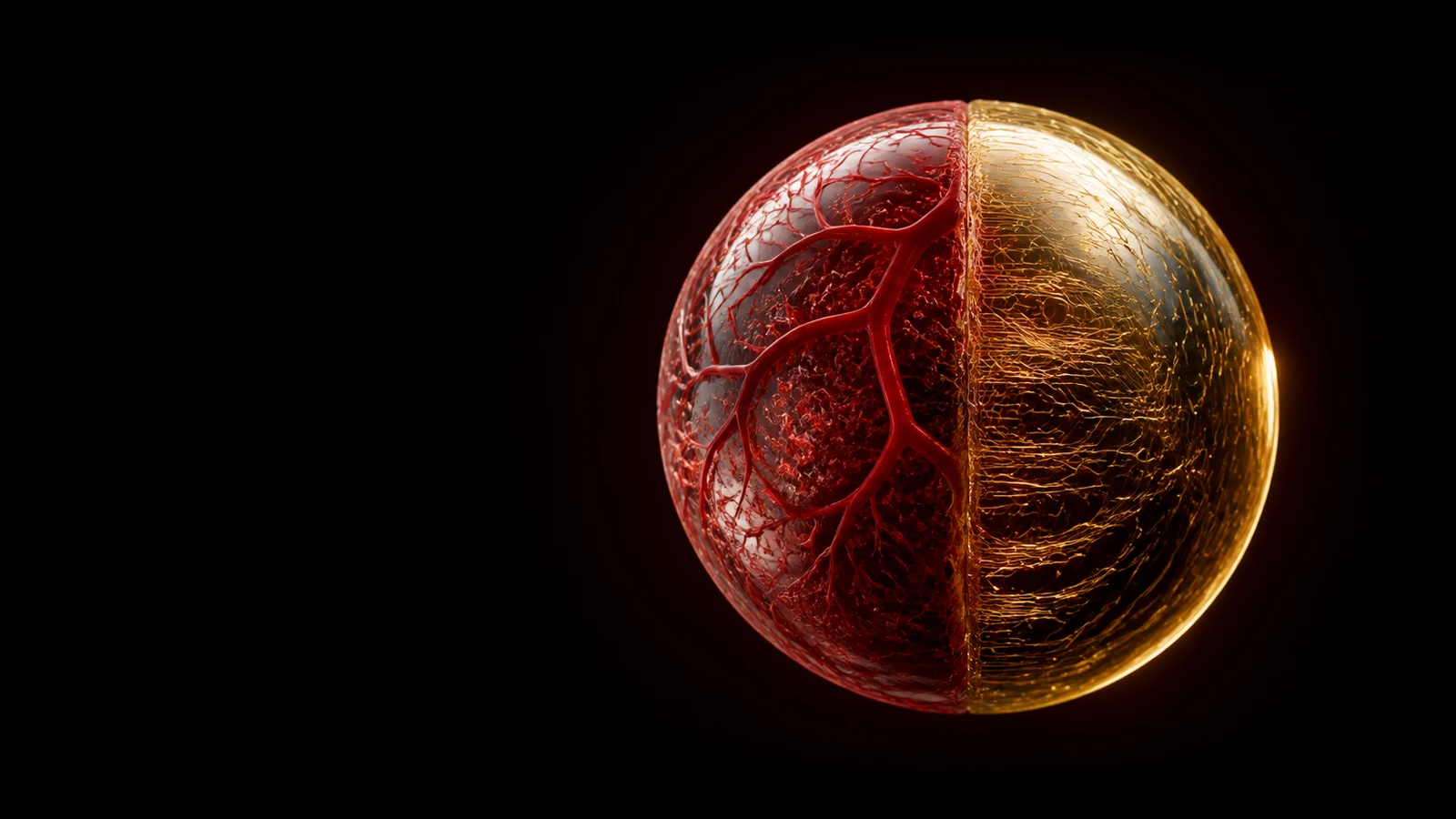 A sphere of two fused halves — one red and veined, one gold and filamented — a single object on black.