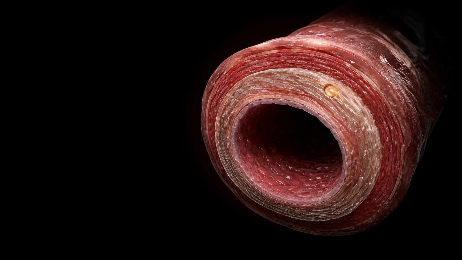 An anatomical cross-section of an artery, its concentric wall layers catching the light against black.