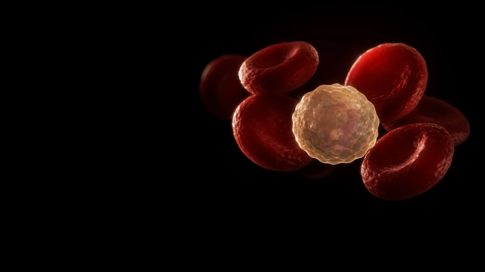 A cluster of red blood cells with one pale, anomalous cell among them, on a near-black field.