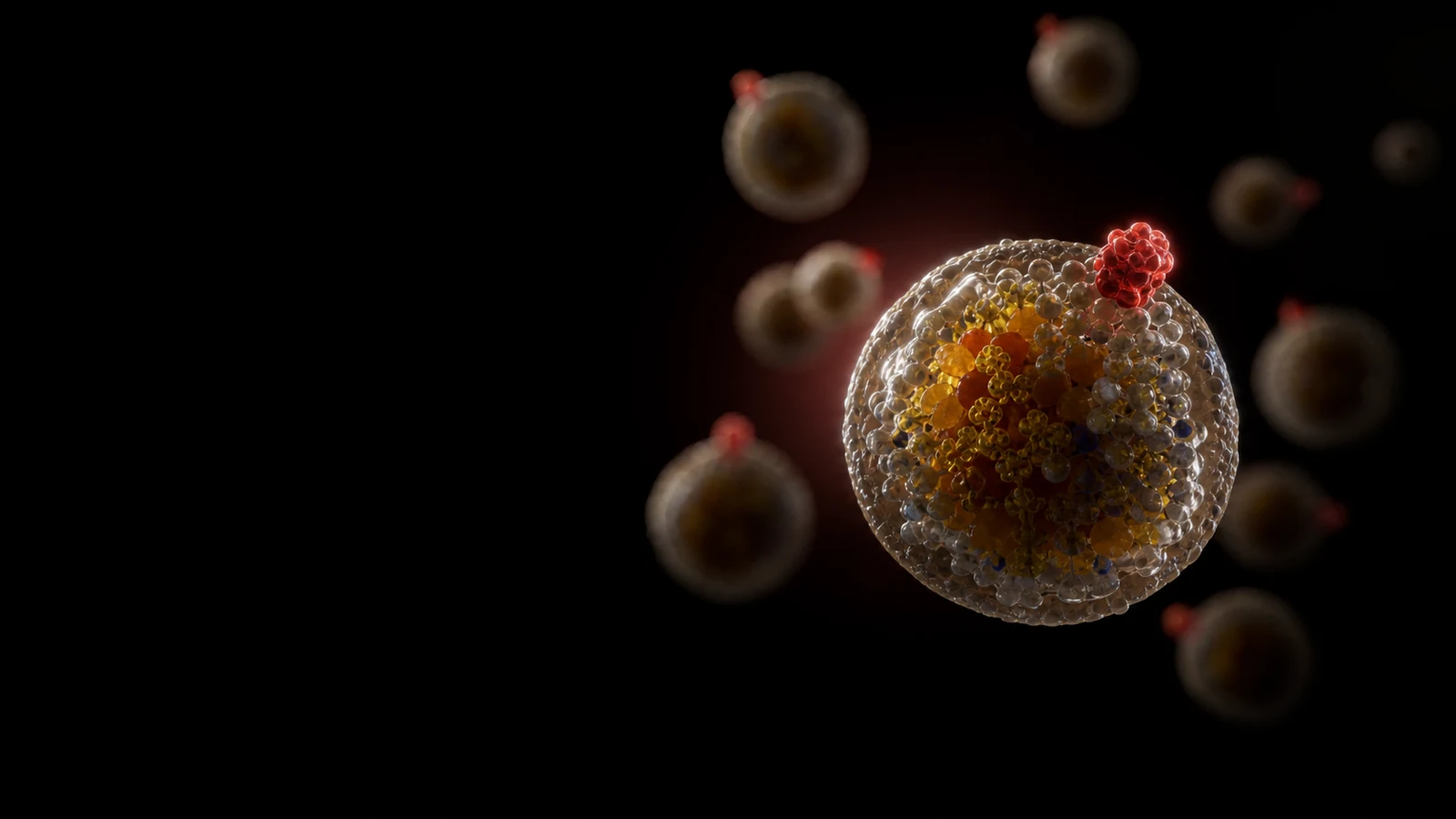 A receding field of translucent lipoprotein particles, each tagged with a single red marker, on black.