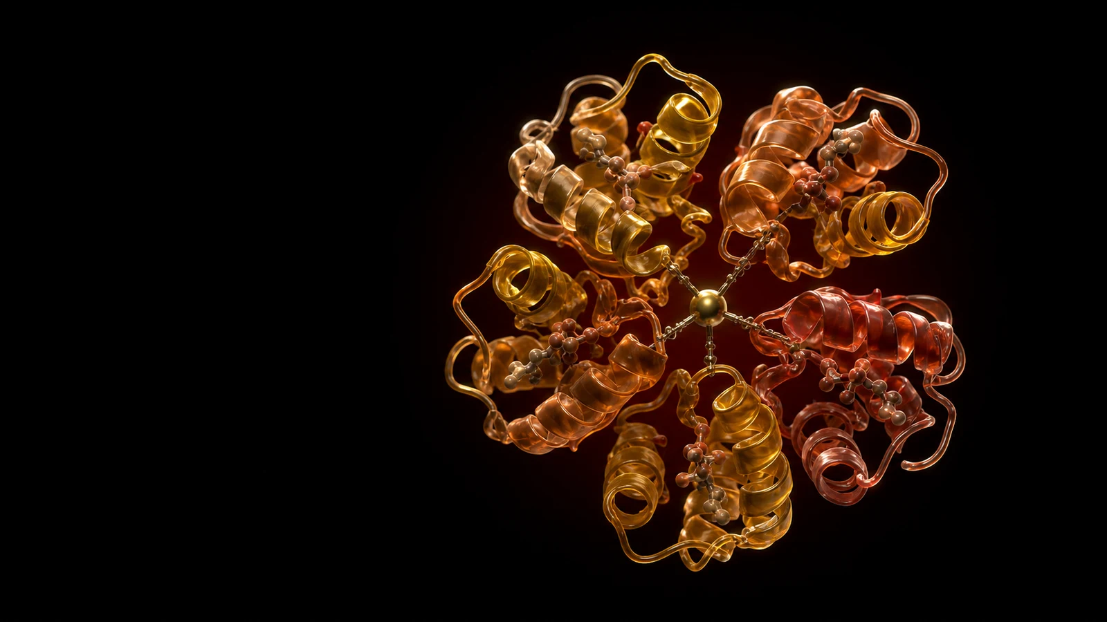 The insulin hexamer rendered as a luminous cluster of amber and gold helices around a metallic core, on black.